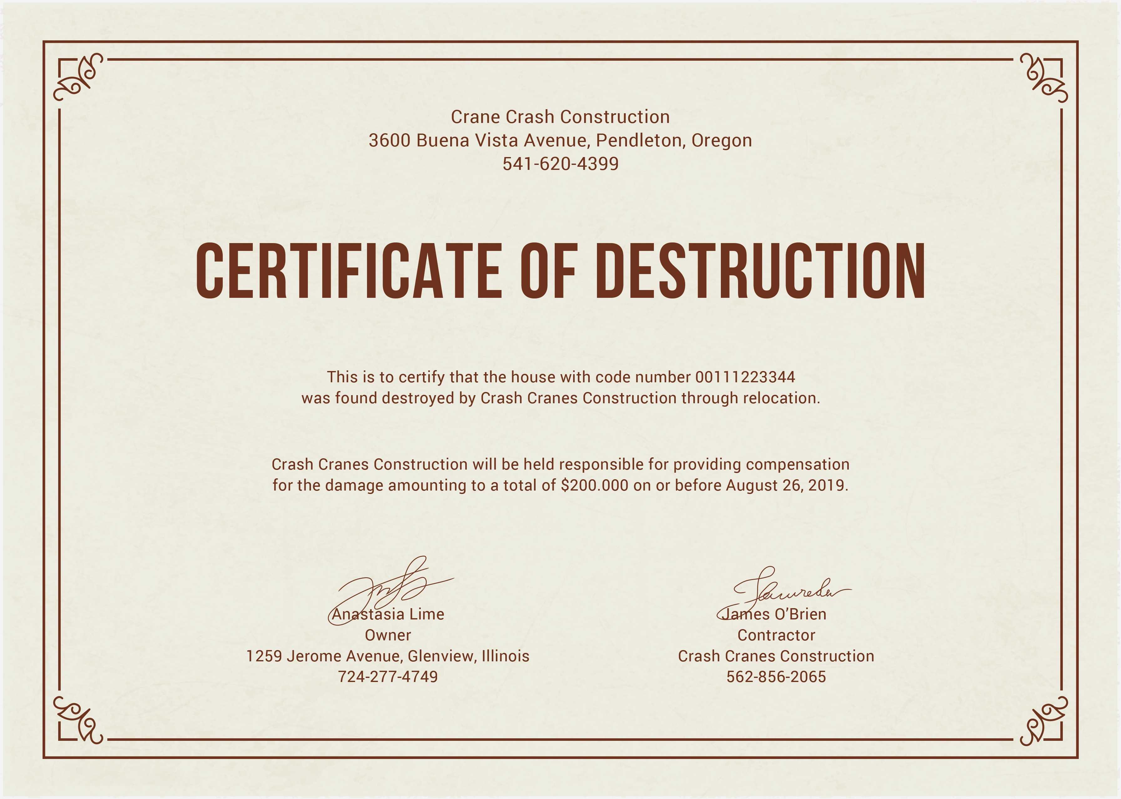 Certificate Of Destruction Template | Anti Grav With Regard To Certificate Of Destruction Template