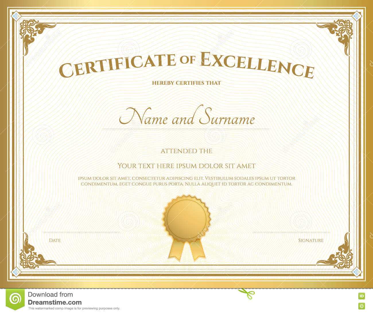 Certificate Of Excellence Template With Gold Border Stock Regarding Free Certificate Of Excellence Template