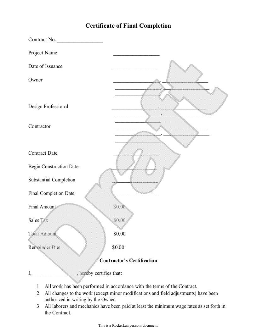 Certificate Of Final Completion Form – For Construction In Certificate Of Completion Template Construction