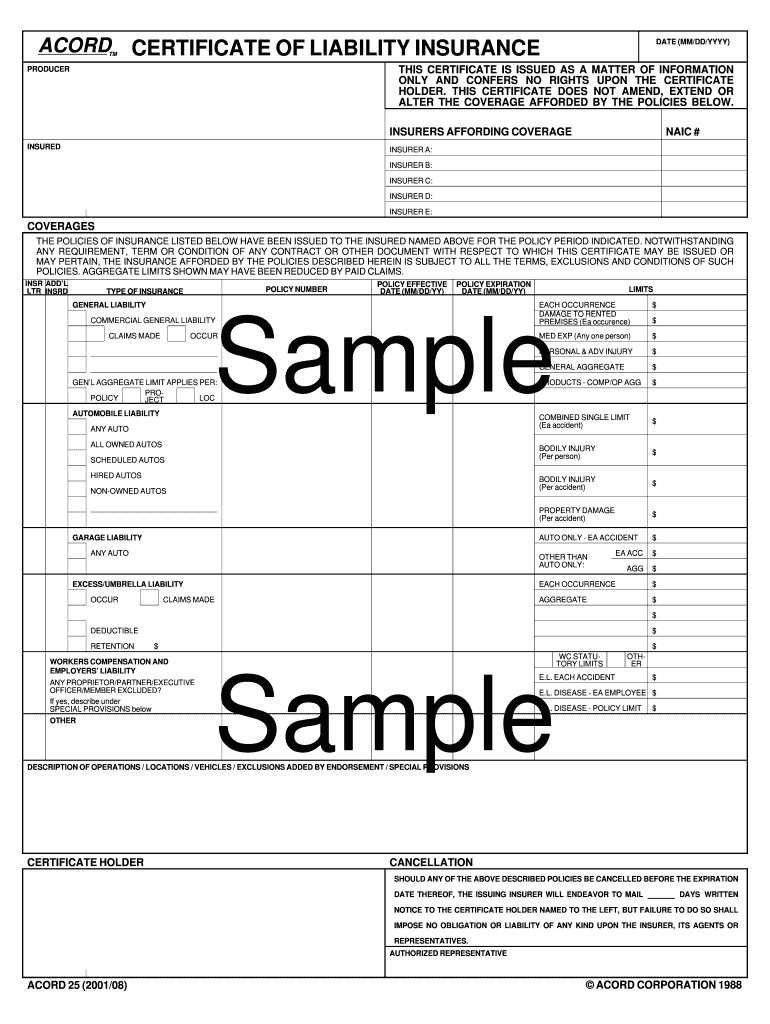 Certificate Of Insurance Template – Fill Online, Printable Intended For Certificate Of Insurance Template