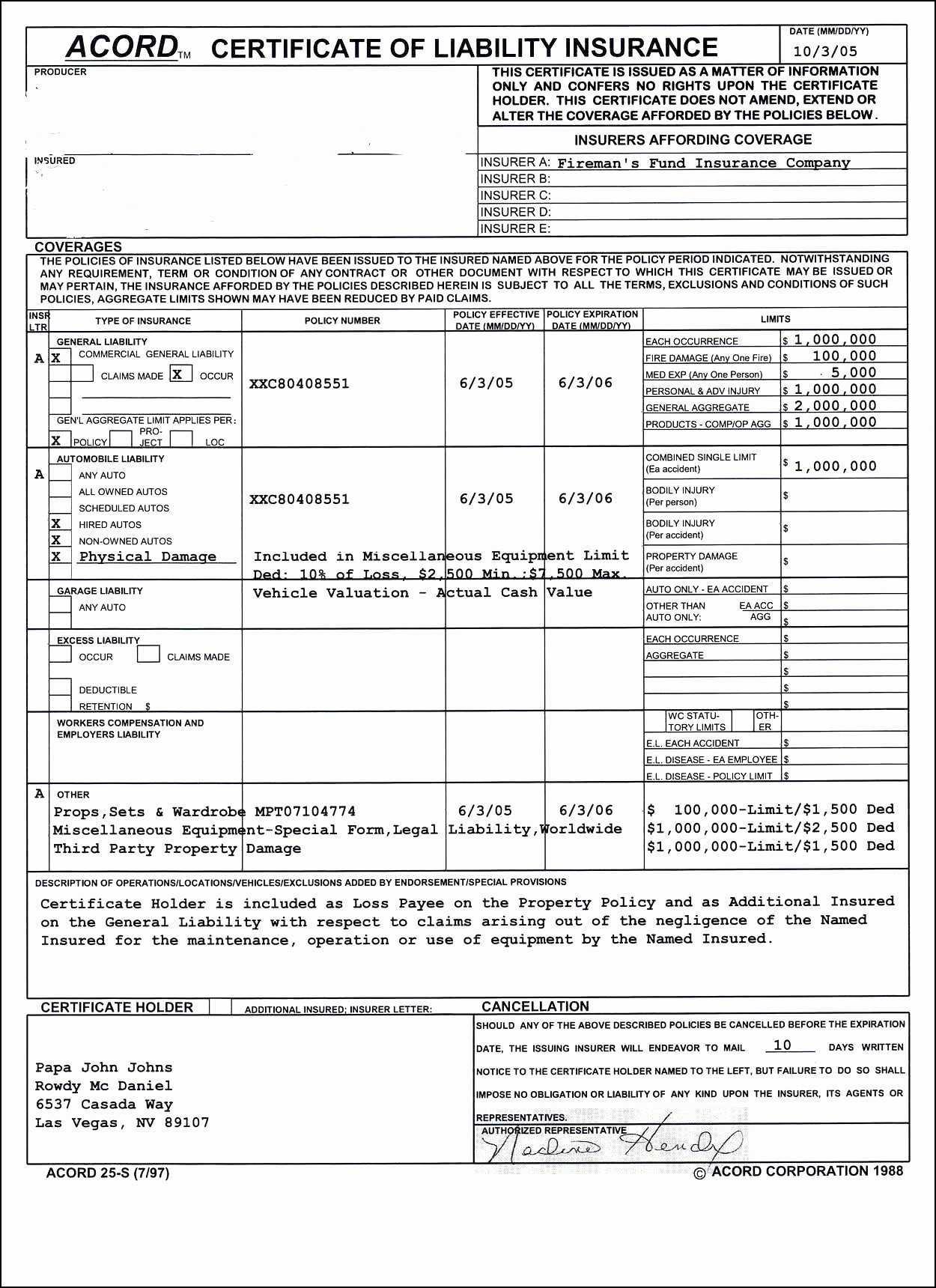 Certificate Of Liability Insurance Form 2019 Acord Intended For Certificate Of Insurance Template