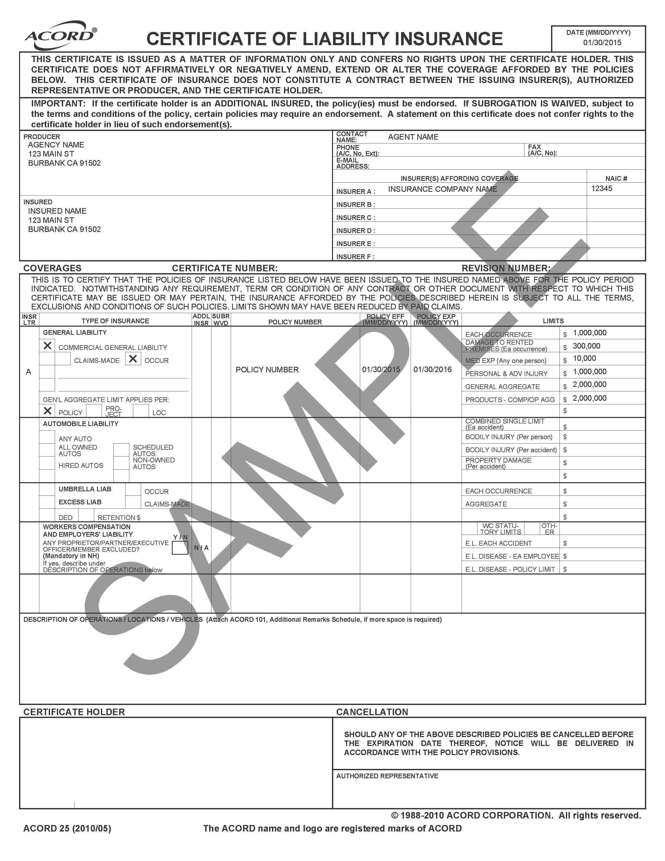 Certificate Of Liability Insurance Form 2019 Acord Within Acord Insurance Certificate Template