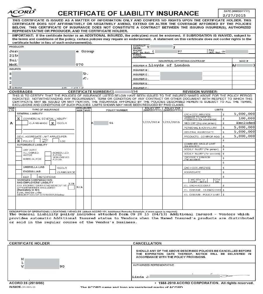 Certificate Of Liability Insurance Form California What Is In Certificate Of Liability Insurance Template