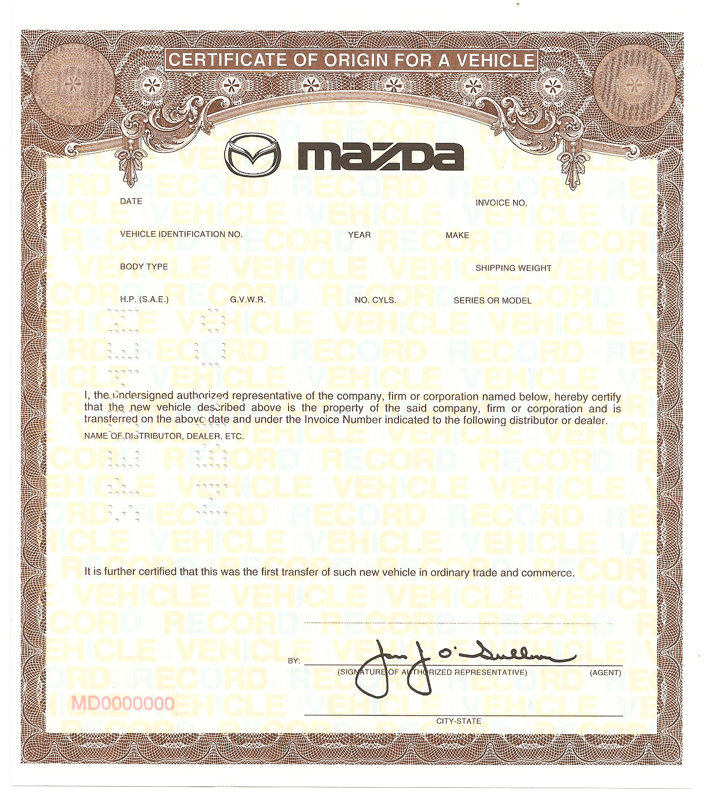 Certificate Of Origin For A Vehicle Template Intended For Certificate Of Origin For A Vehicle Template