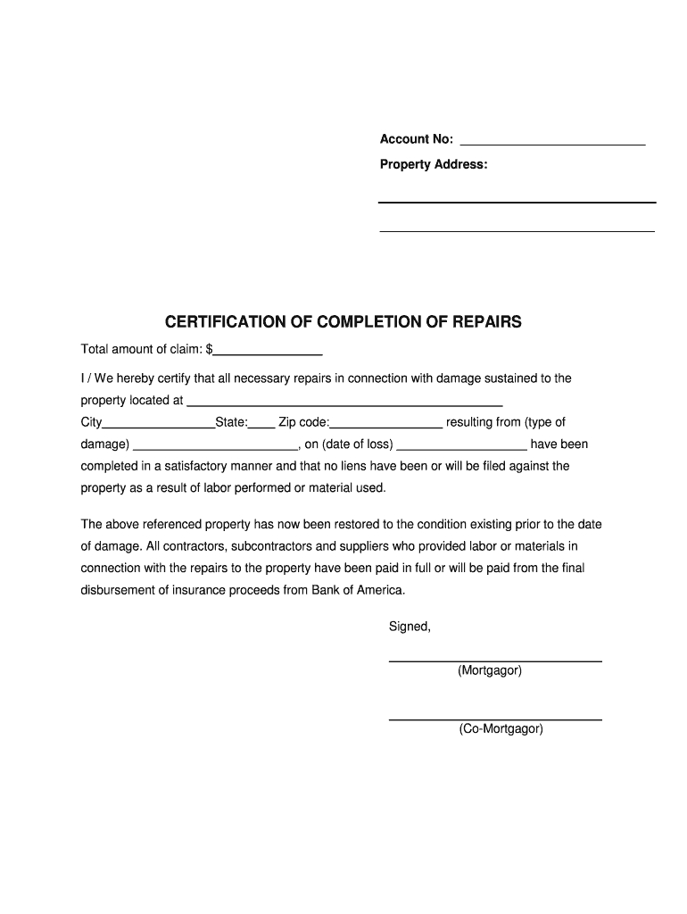 Certificate Repairs – Fill Online, Printable, Fillable Pertaining To Construction Certificate Of Completion Template