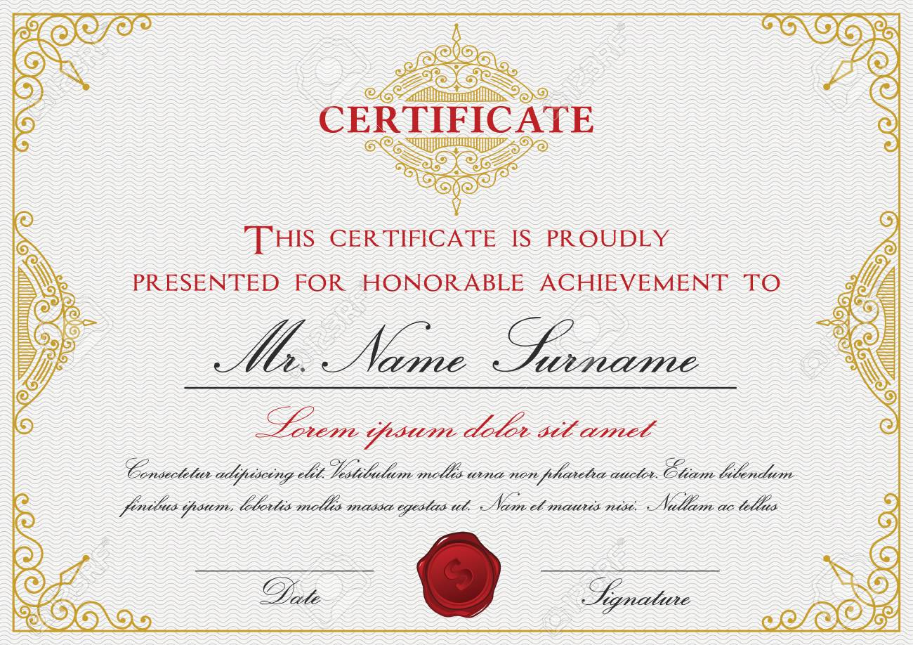 Certificate Template Design With Emblem, Flourish Border On White.. Pertaining To Certificate Template Size