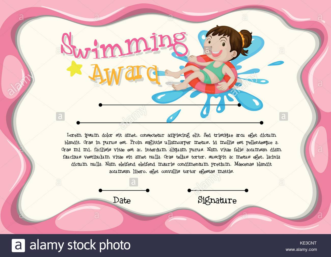 Certificate Template With Girl Swimming Illustration Stock Regarding Free Swimming Certificate Templates