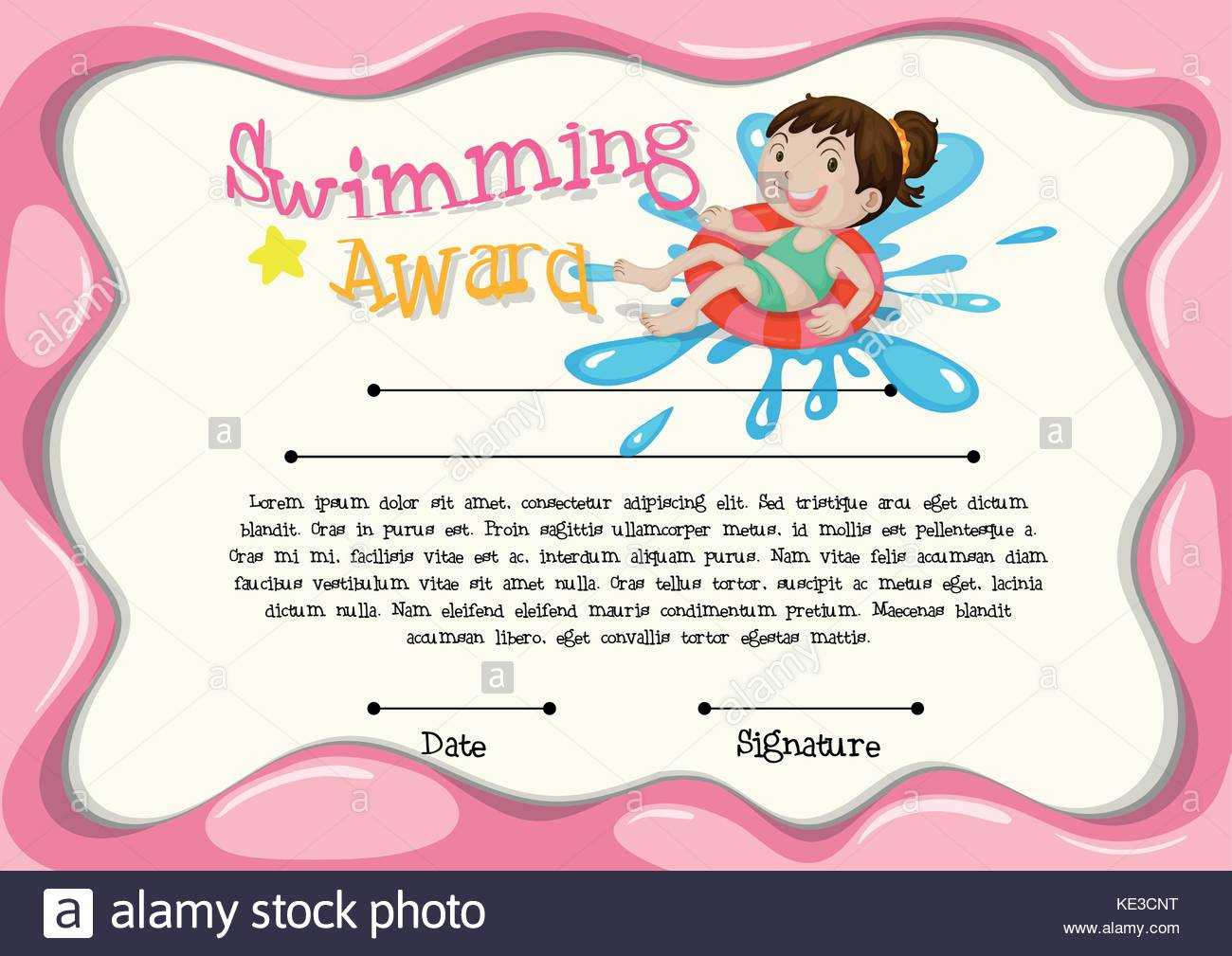 Certificate Template With Girl Swimming Illustration Stock Regarding Free Swimming Certificate Templates