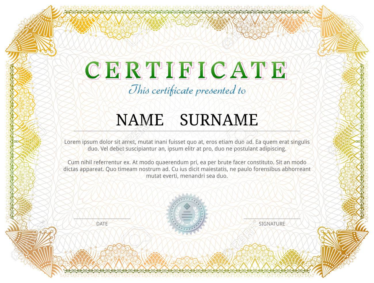Certificate Template With Guilloche Elements. Yellow Diploma.. In Validation Certificate Template