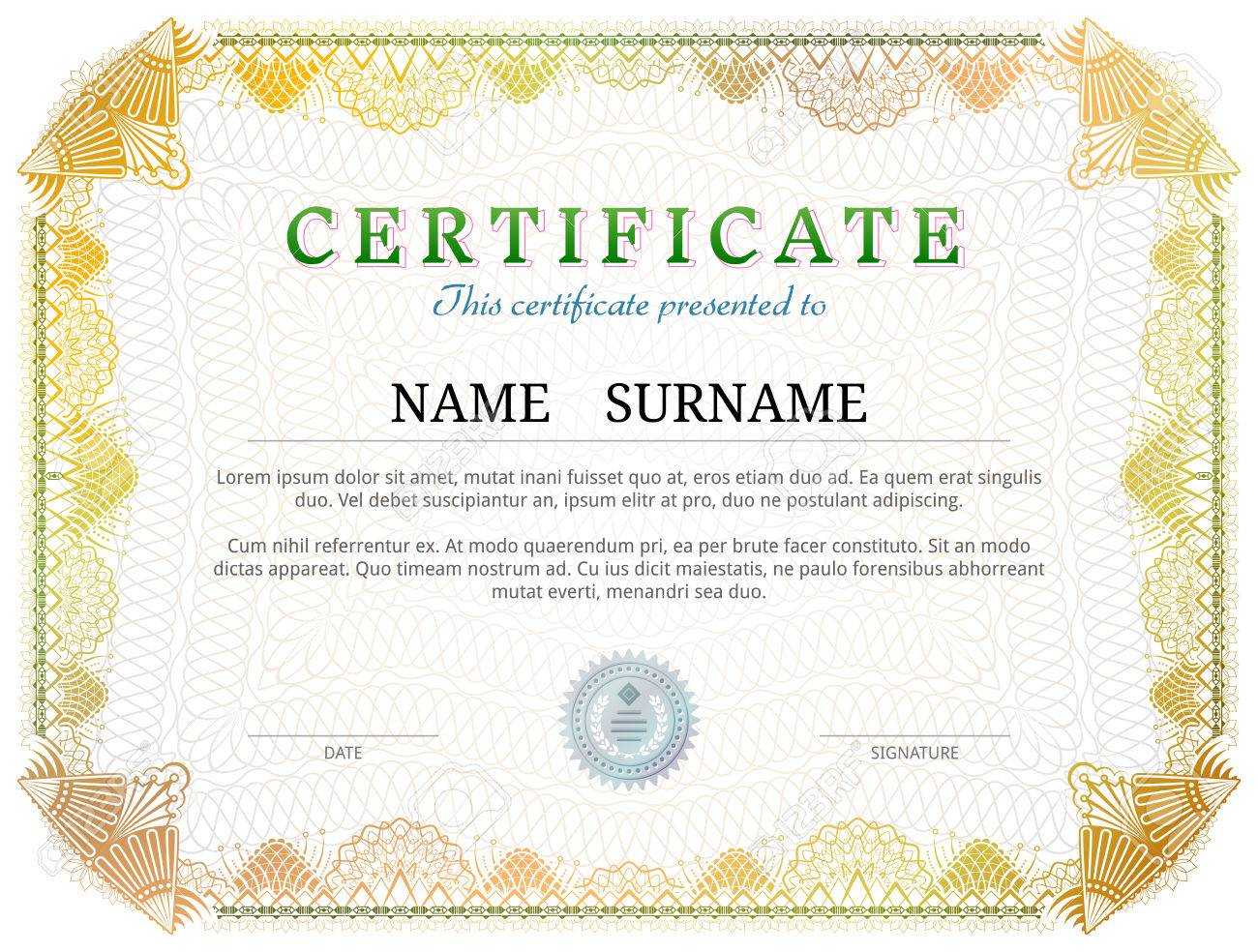 Certificate Template With Guilloche Elements. Yellow Diploma.. In Validation Certificate Template