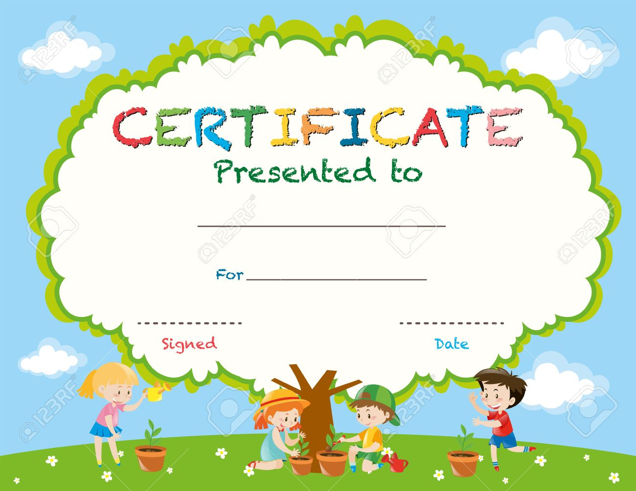 Certificate Template With Kids Planting Trees Illustration Regarding Free Kids Certificate Templates