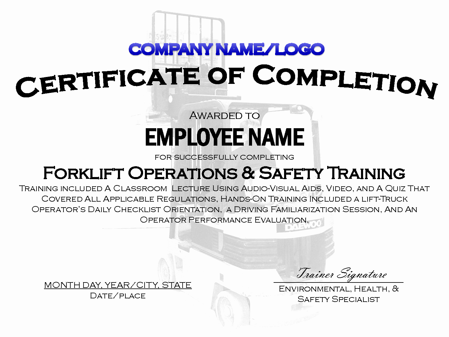 Certificate Templates: Forklift Certification Card Template Intended For Forklift Certification Card Template