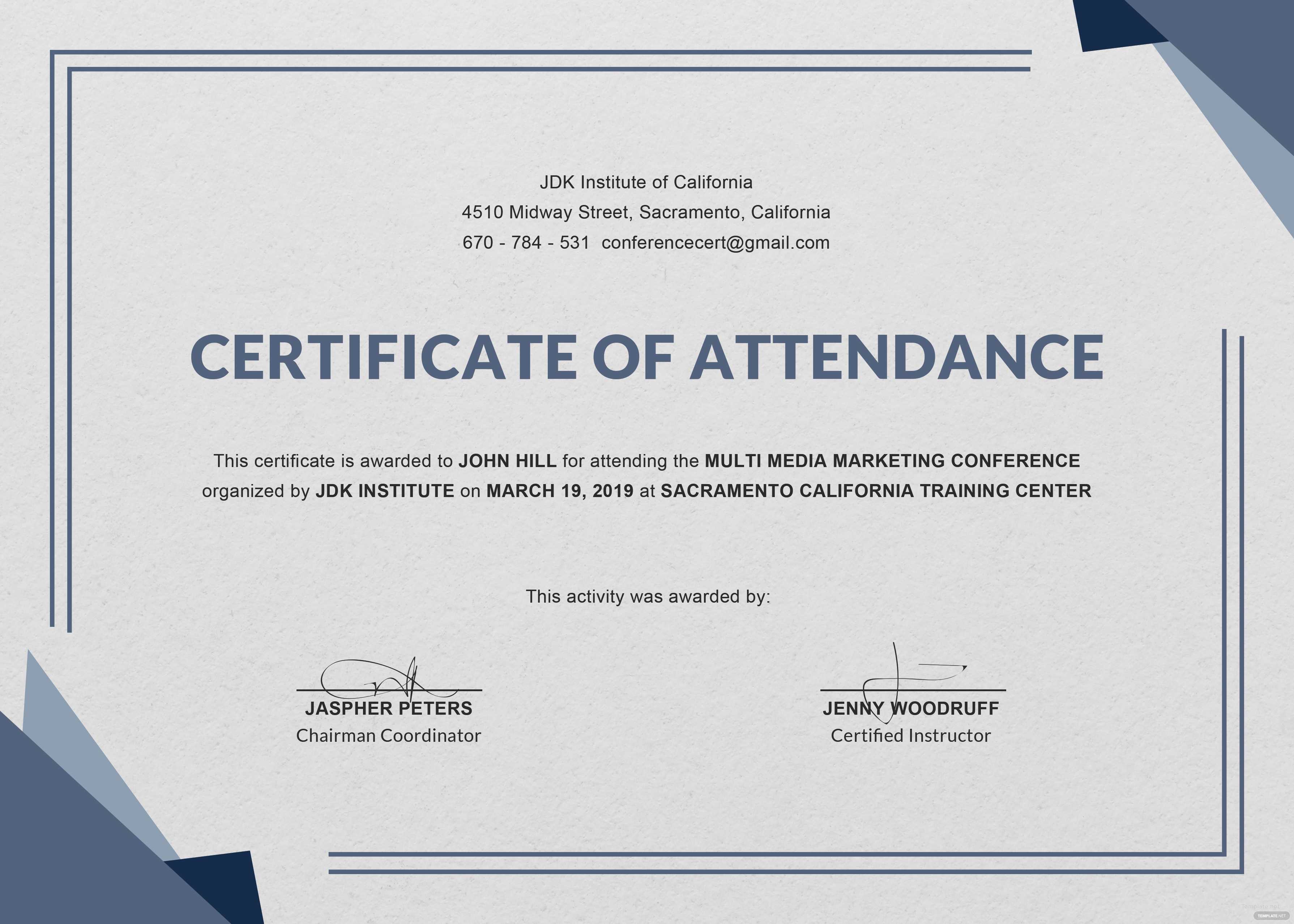 Certificate Templates: Free Conference Attendance Pertaining To Certificate Of Attendance Conference Template