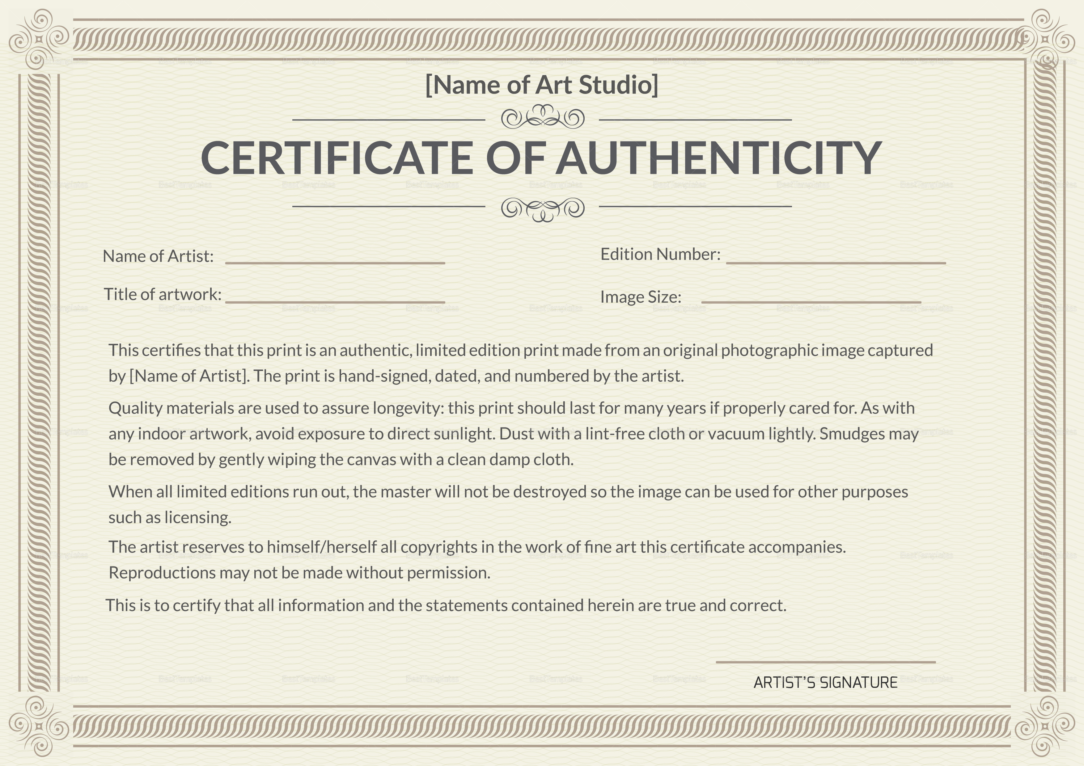 Certificate Templates: Template Certificate Of Authenticity Throughout Photography Certificate Of Authenticity Template