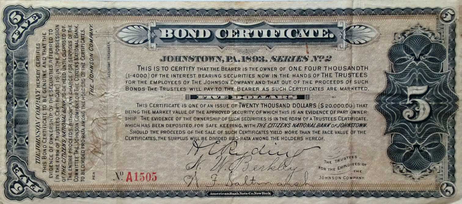 Certificate Templates: Vintage Johnstown: 1893 Bond Certificate With Corporate Bond Certificate Template