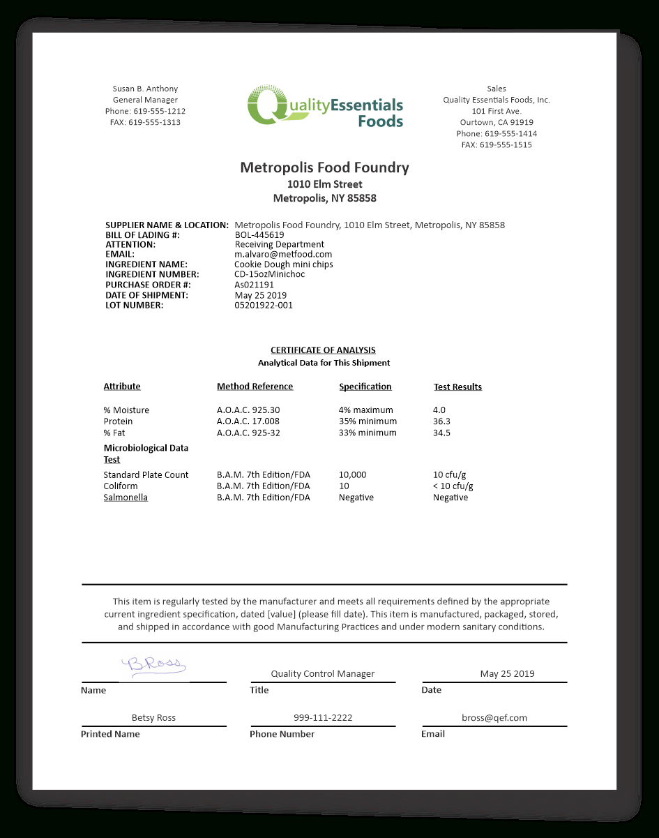 Certificates Of Analysis For Food – Quality Essentials Suite In Certificate Of Analysis Template