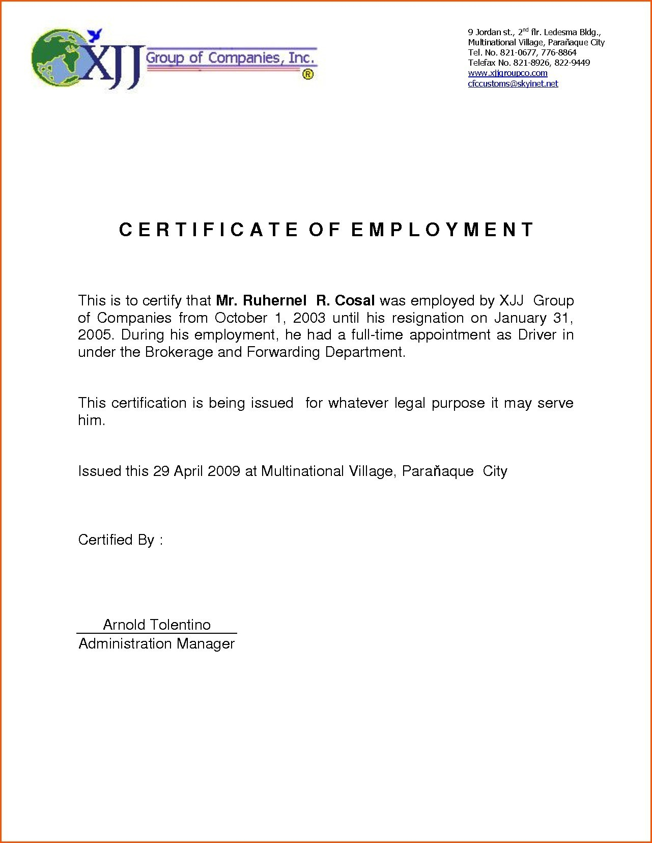 Certificates: Stunning Certificate Of Employment Template With Employee Certificate Of Service Template