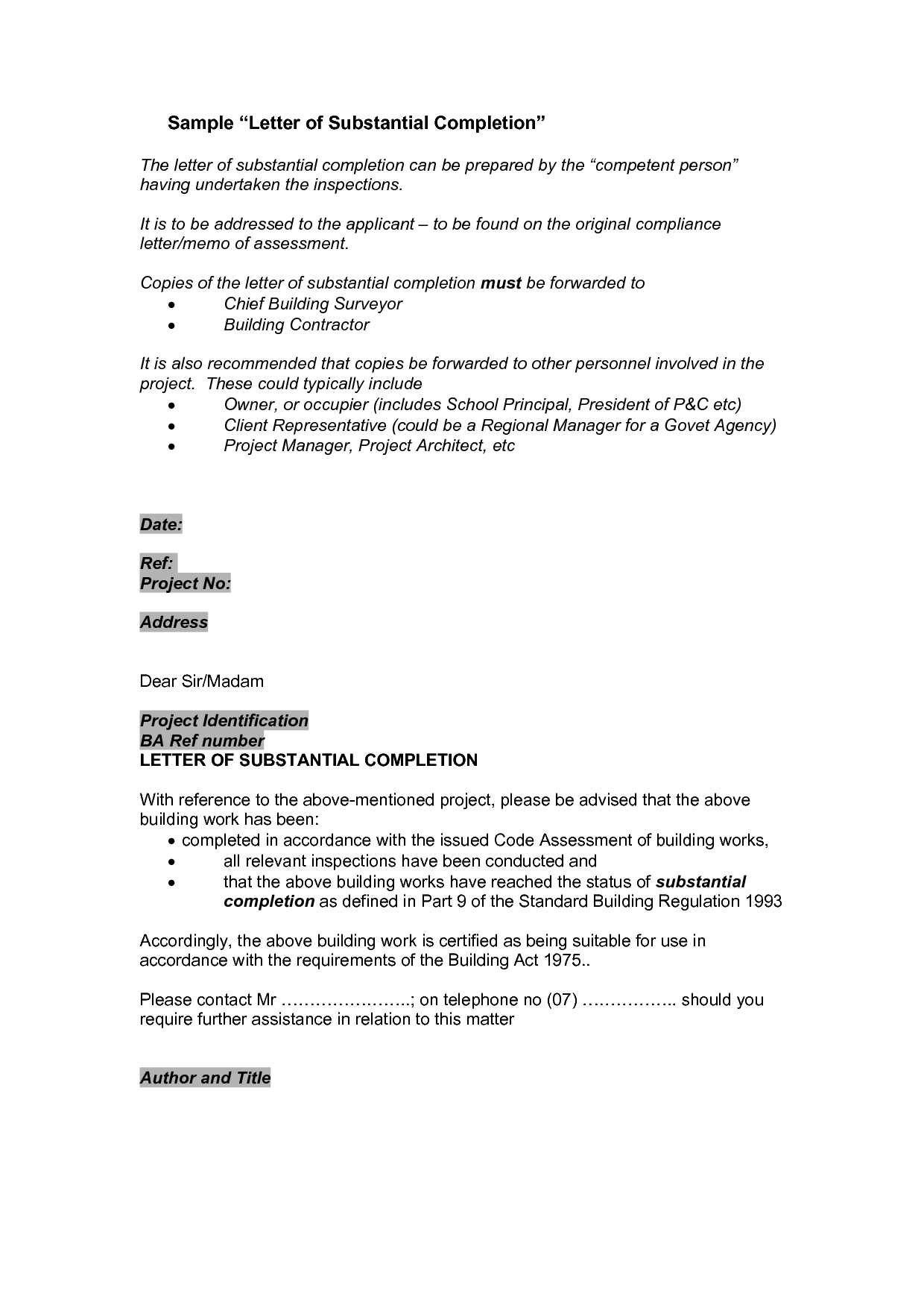 Certification Certificate Completion Construction Letter With Regard To Certificate Of Substantial Completion Template