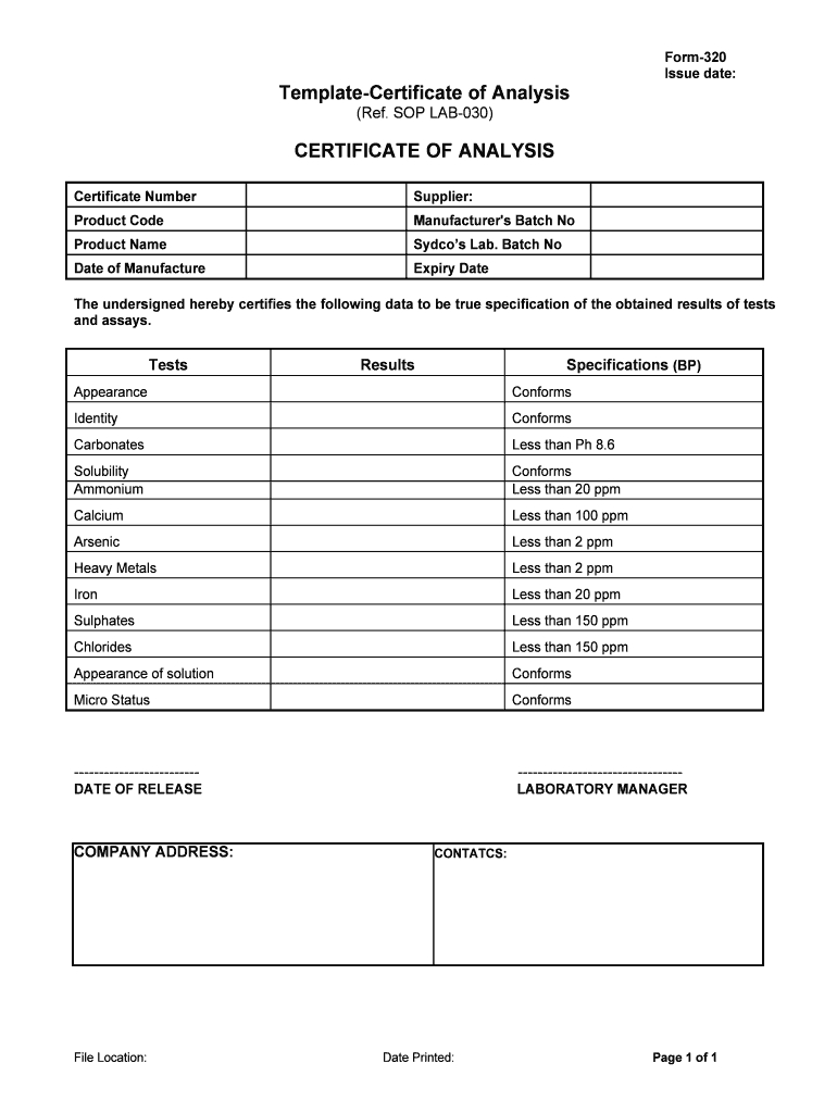 Certification Of Analysis Template – Fill Online, Printable For Certificate Of Appearance Template