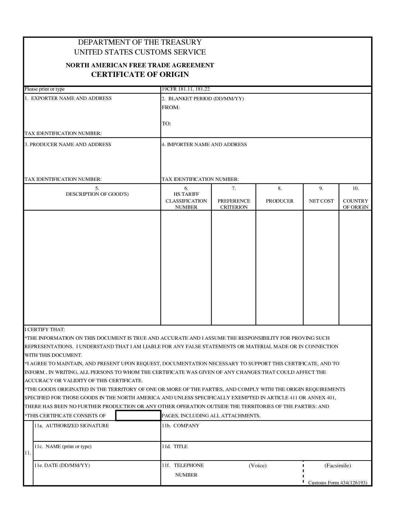 Certification Of Origin Template Throughout Nafta Certificate Template