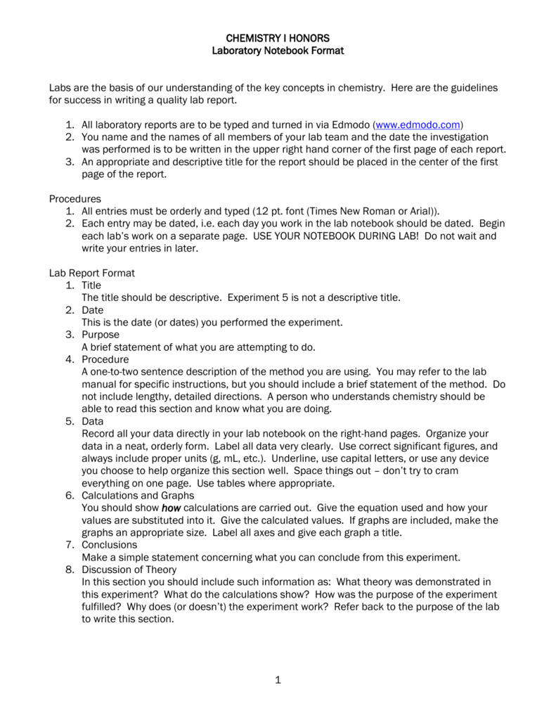 Chemistry I Honors Lab Report Format Inside Chemistry Lab Report Template