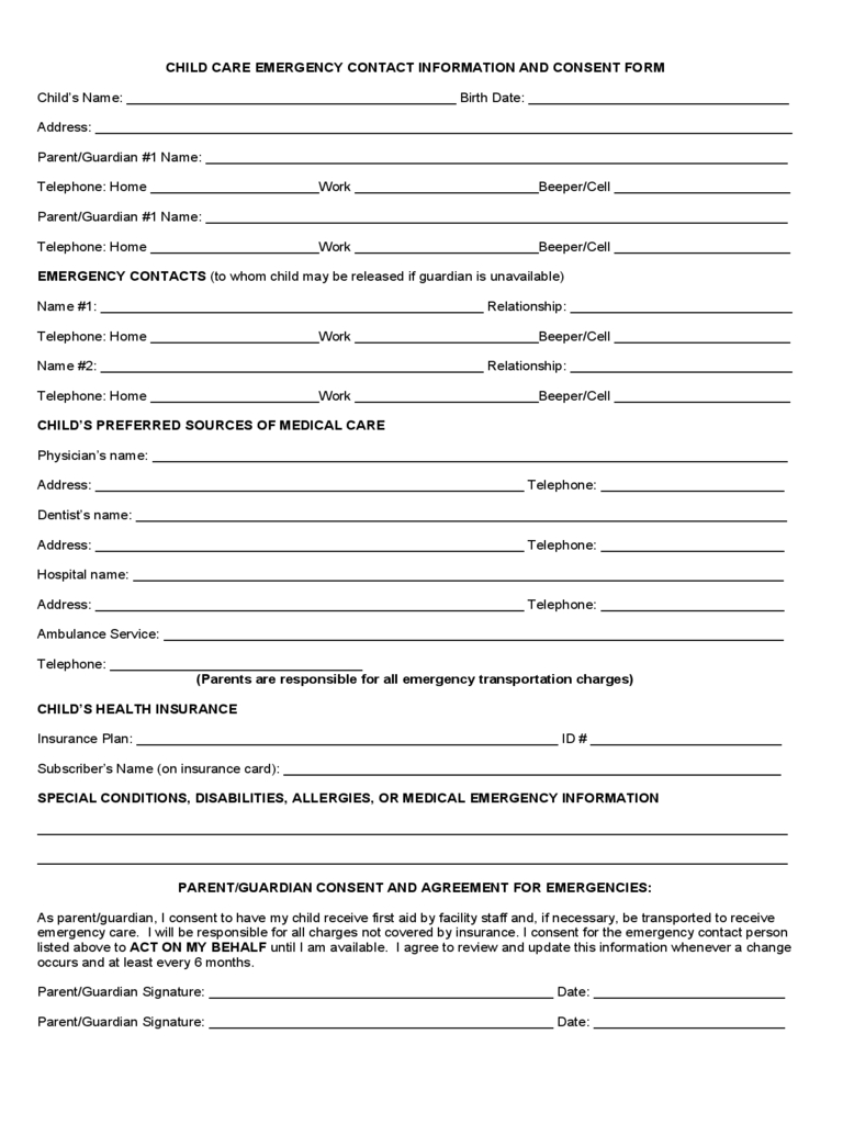Child Care Emergency Contact Form 2 Free Templates In With Emergency Contact Card Template