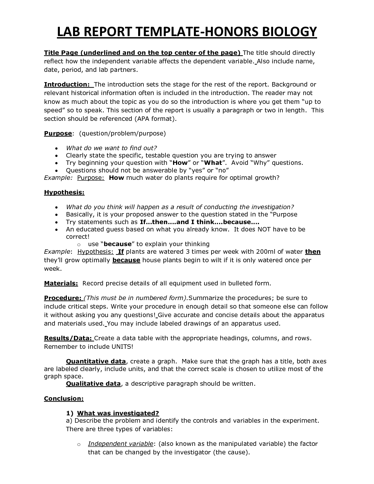 Chs Hbio Lab Report Template | Biology | Lab Report Template Regarding Introduction Template For Report