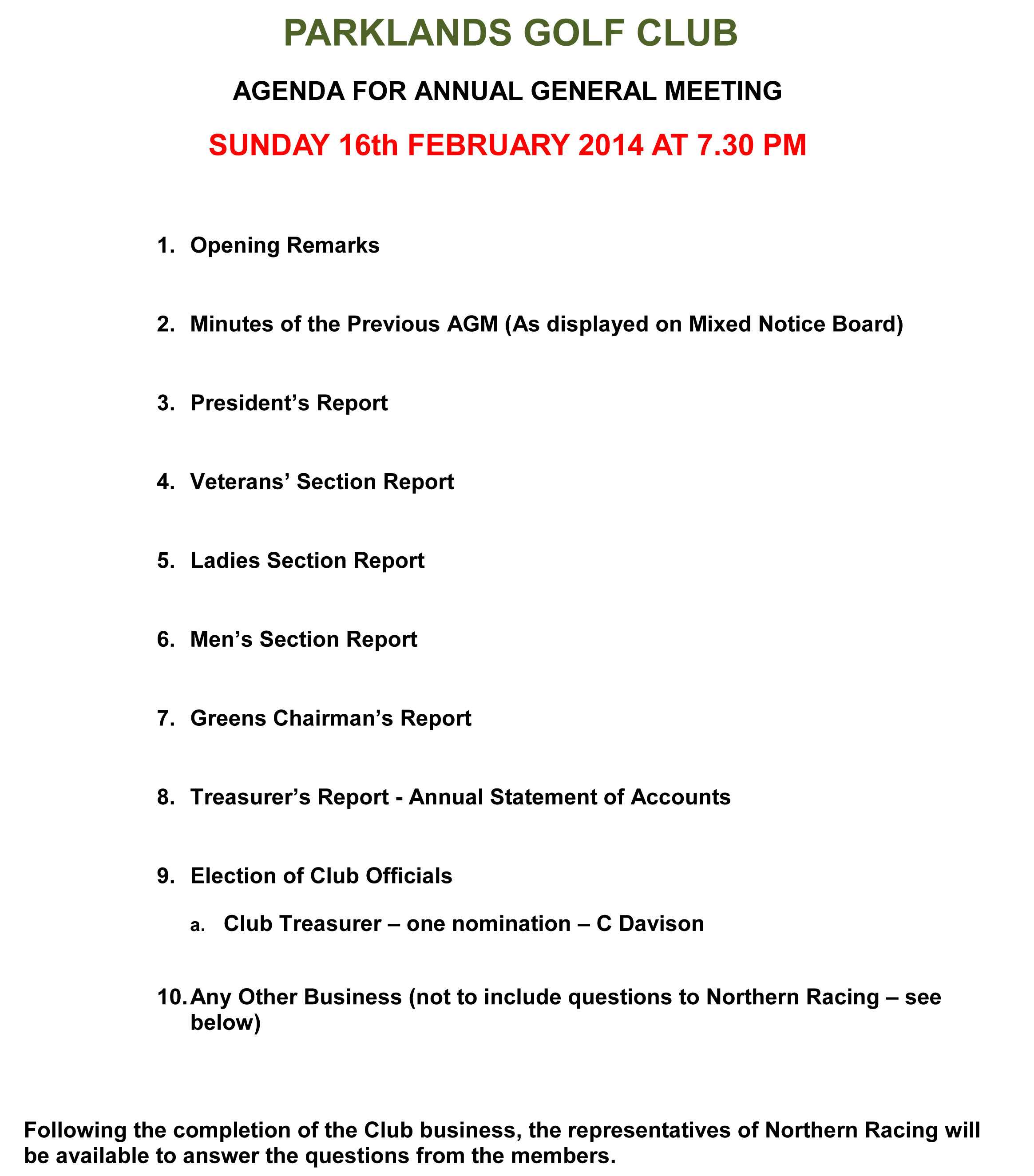 Club Agm – Sunday 16Th February 2014 | Parklands Golf Club For Treasurer's Report Agm Template