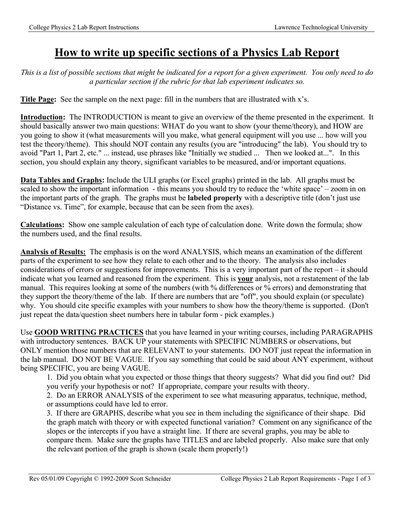 College Physics 2 Lab "lab Report Instructions" With Physics Lab Report Template