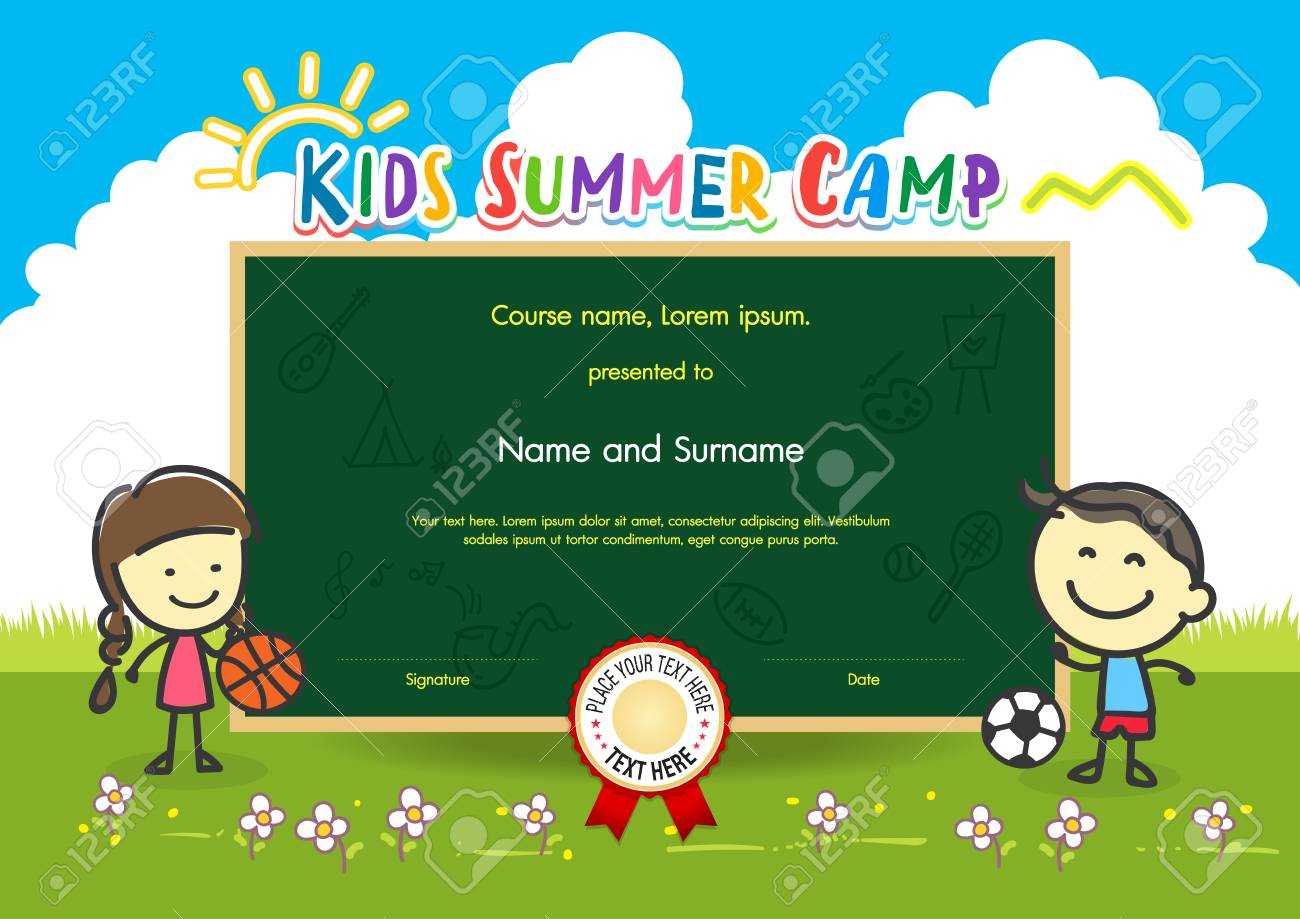 Colorful Kids Summer Camp Diploma Certificate Template In Cartoon.. For Summer Camp Certificate Template
