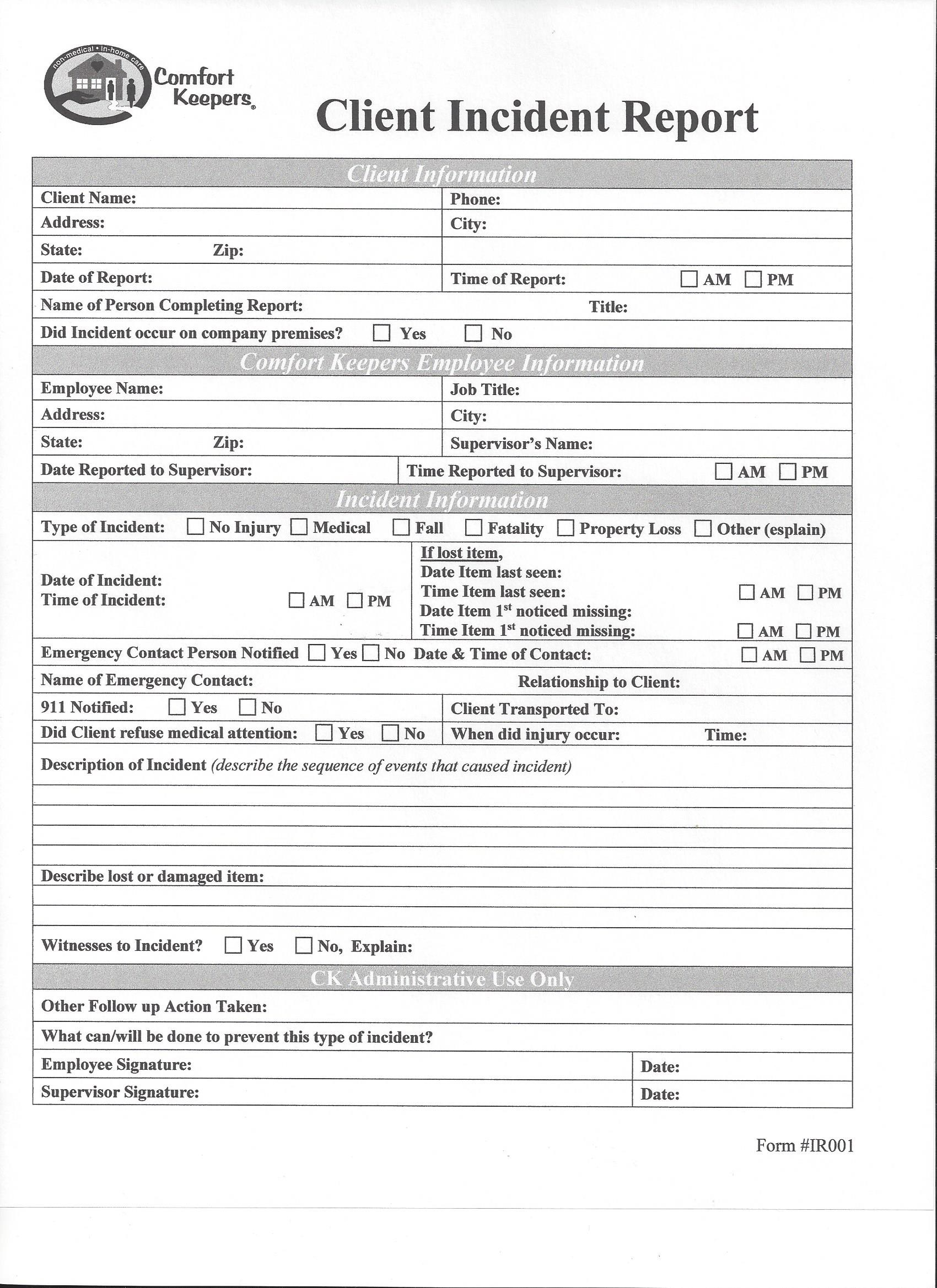 Comfort Keepers Employee Website With Customer Incident Report Form Template