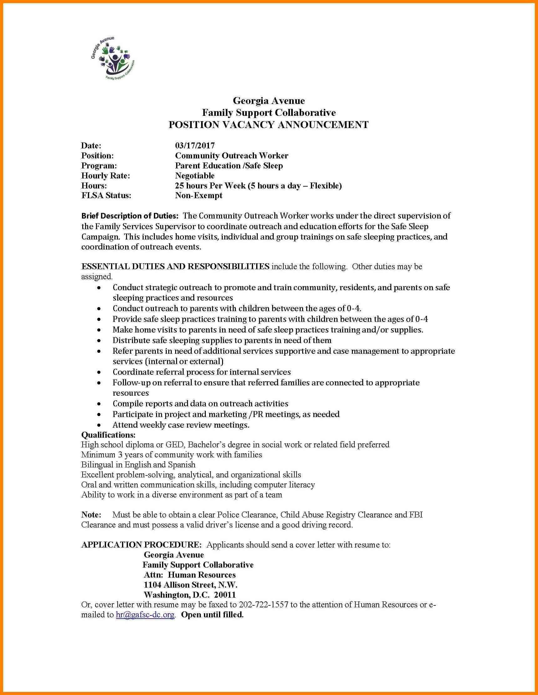 Community Outreach Worker Cover Letter Support Child Inside Community Service Template Word