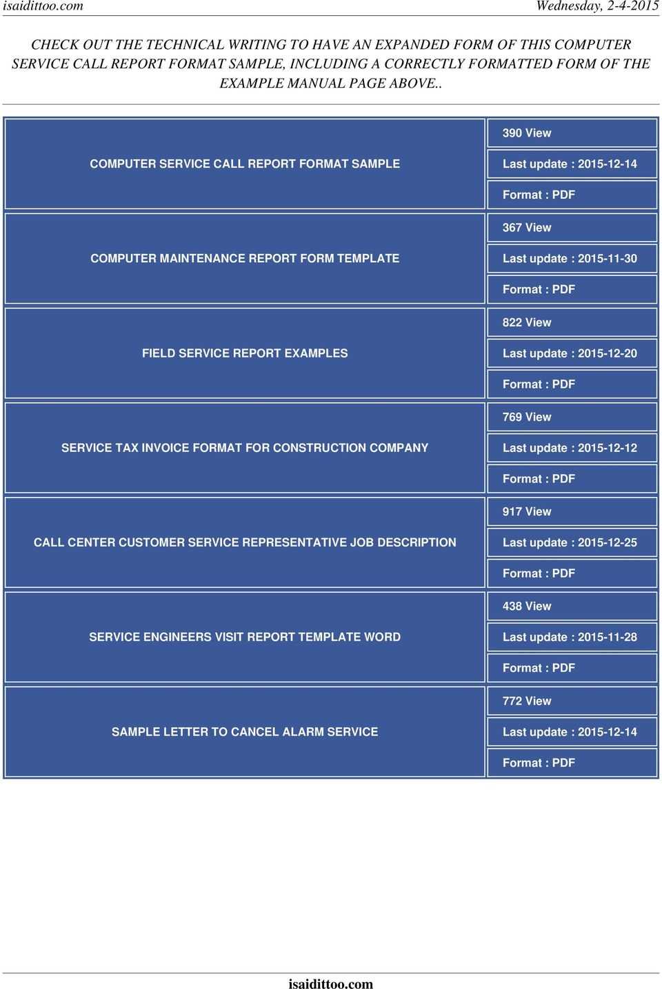 Computer Service Call Report Format Sample – Pdf With Regard To Computer Maintenance Report Template