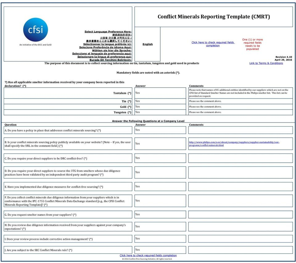Conflict Minerals Reporting Template (Cmrt) - Pdf With Conflict Minerals Reporting Template
