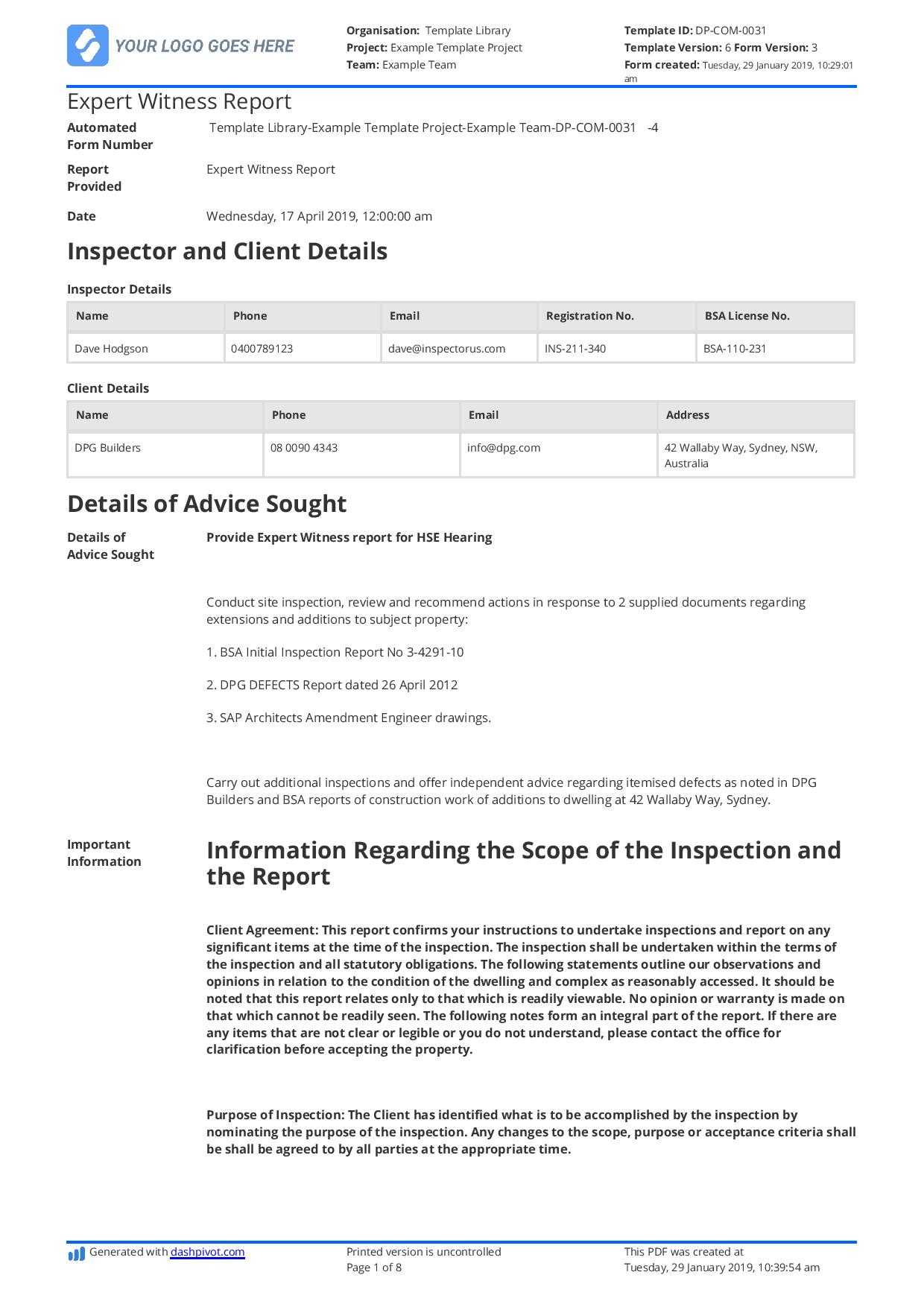 Construction Expert Witness Report Example And Editable Template Intended For Report Builder Templates