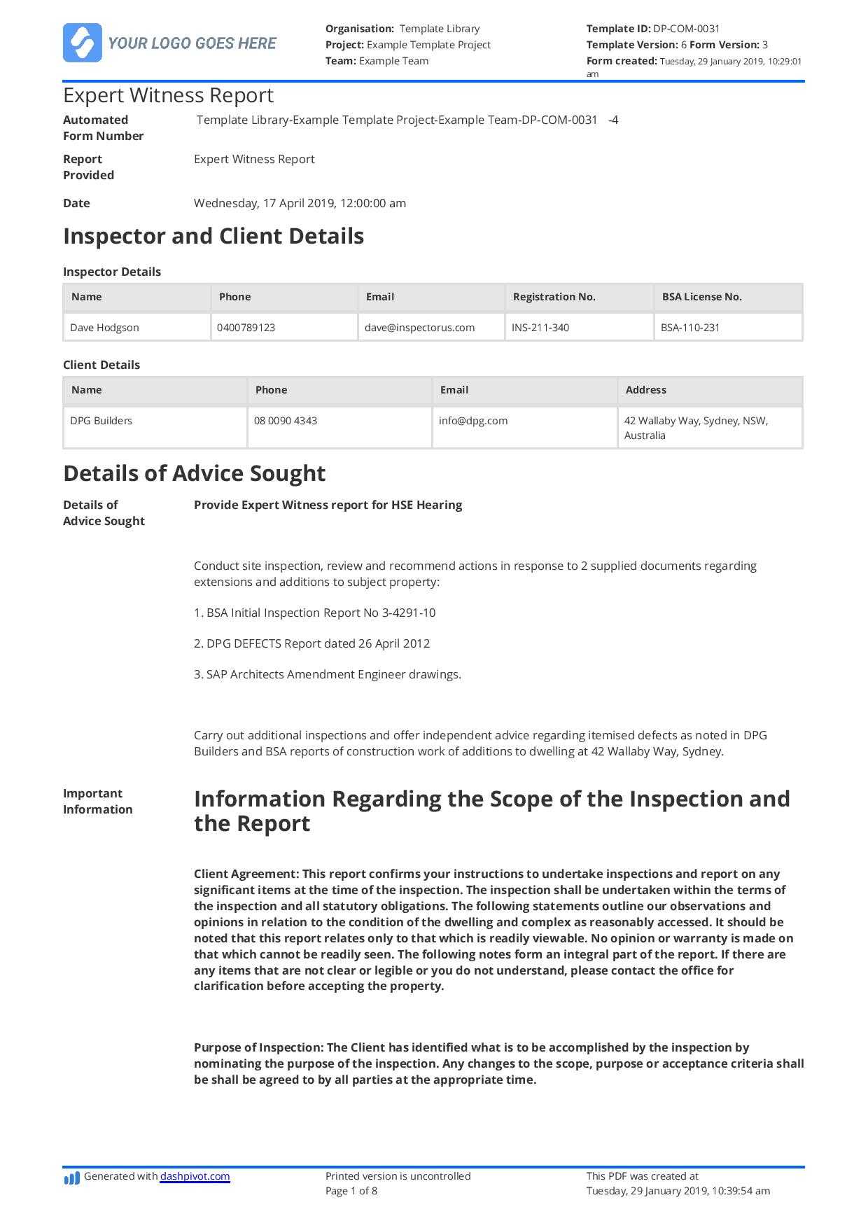 Construction Expert Witness Report Example And Editable Template Intended For Report Builder Templates