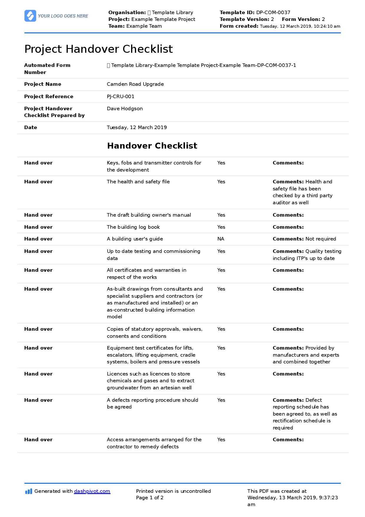 Construction Project Handover Document Sample To Use Or Copy For Building Defect Report Template