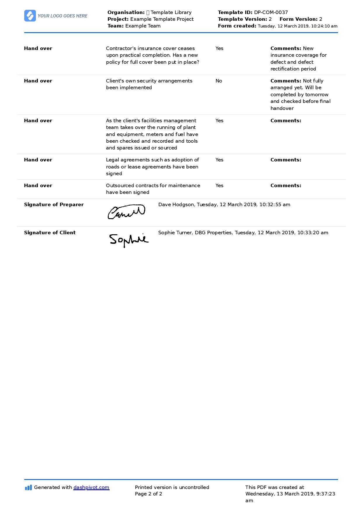 Construction Project Handover Document Sample To Use Or Copy With Regard To Handover Certificate Template