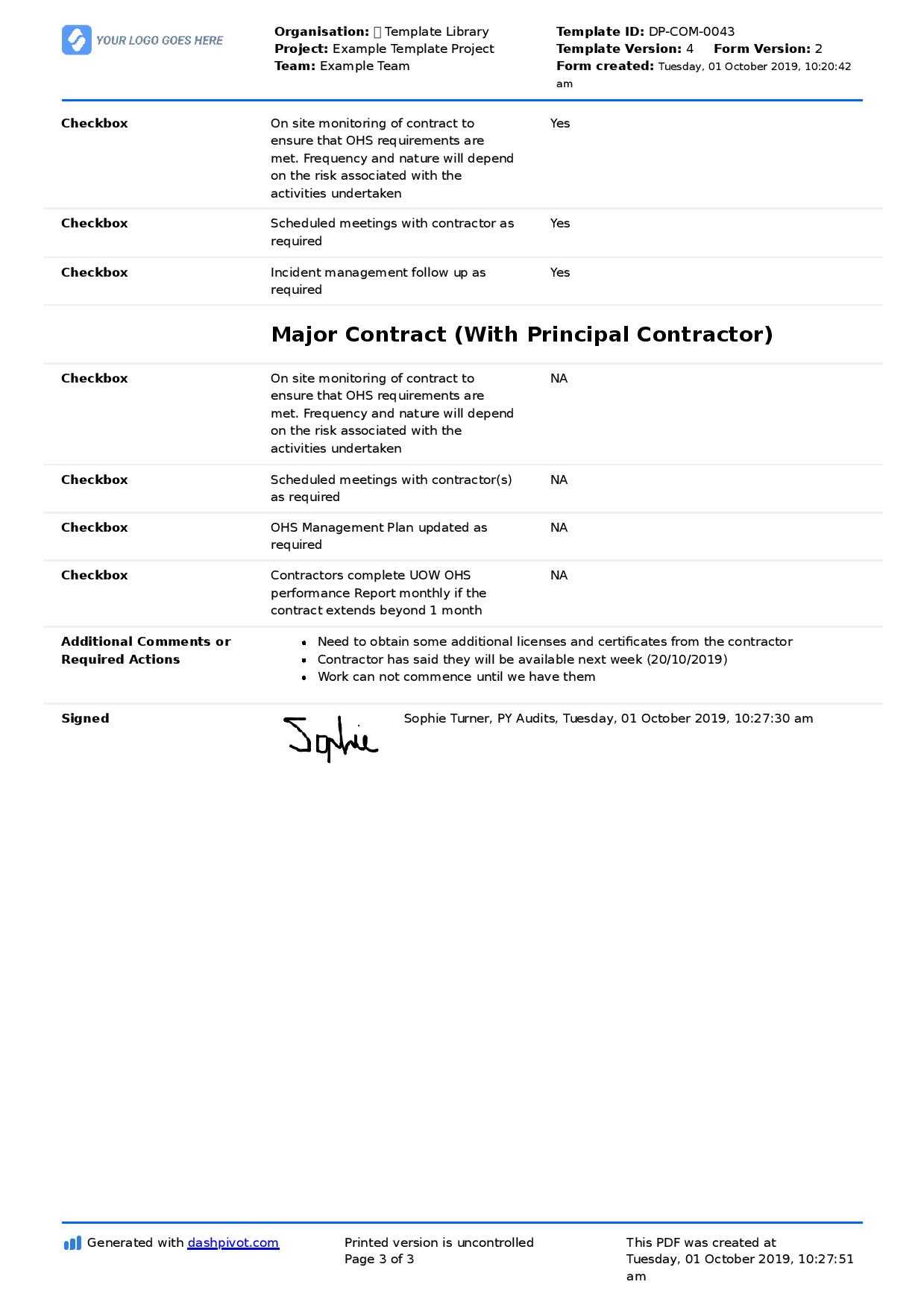 Contractor Management Checklist (Free And Editable Template) Throughout Ohs Monthly Report Template