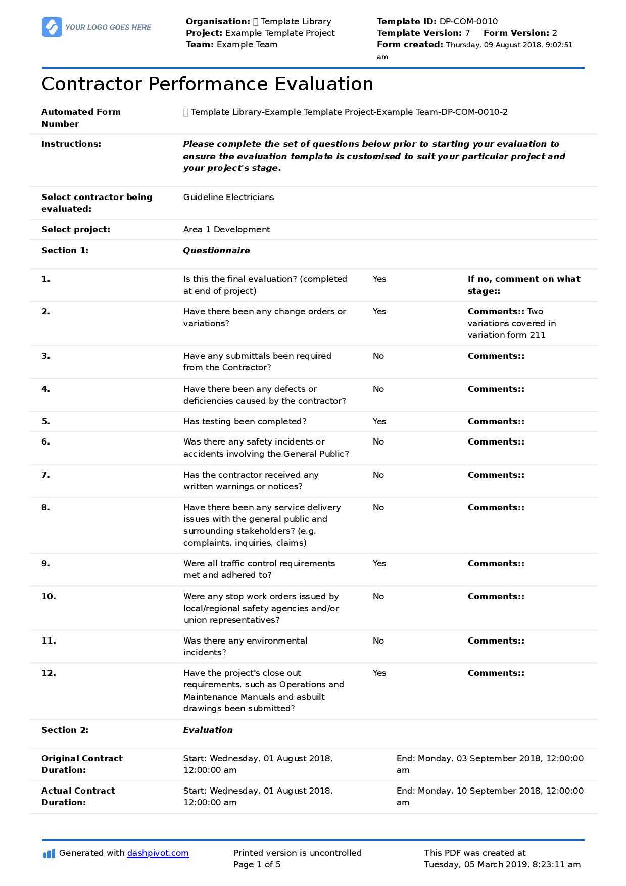 Contractor Performance Report Template: Free And In Template For Evaluation Report