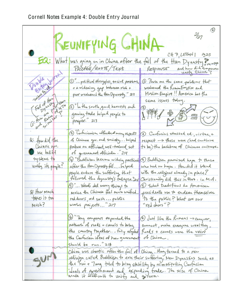 Cornell Notes Example 4: Double Entry Journal Throughout Double Entry Journal Template For Word