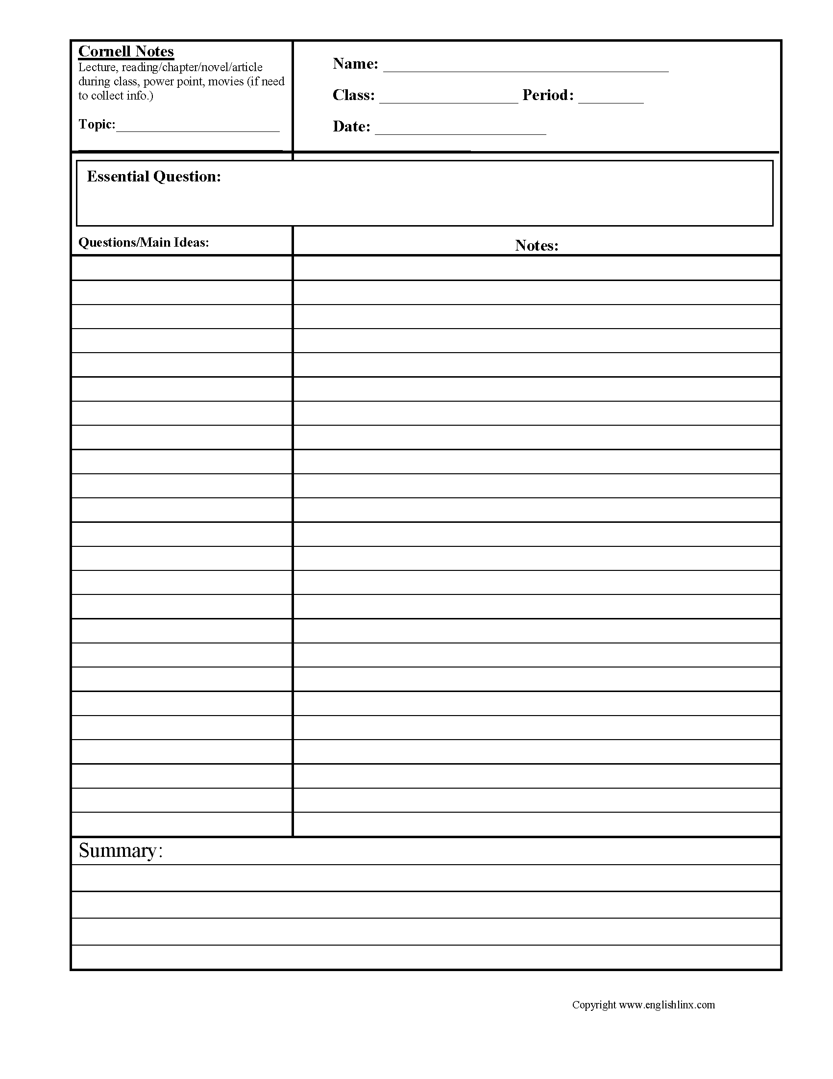 Cornell Notes Summary Worksheets | Cornell Notes Template With Cornell Note Template Word