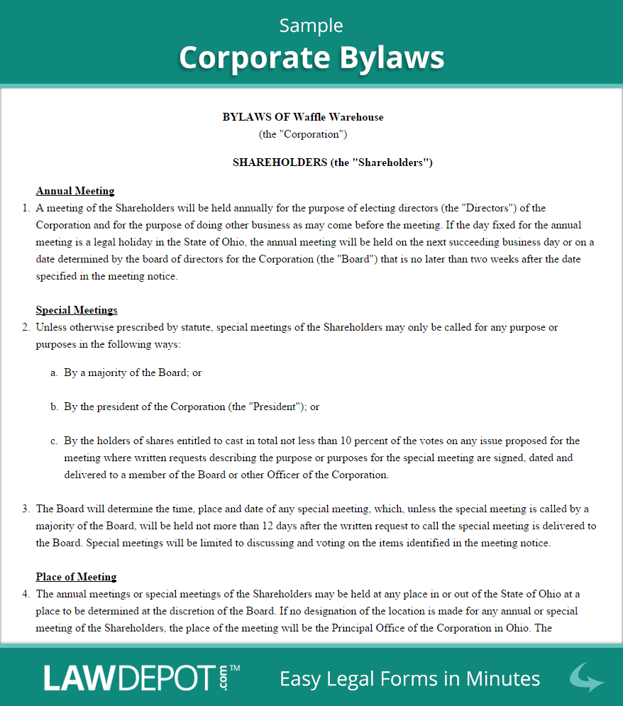 Corporate Bylaws Template (Us) | Lawdepot Pertaining To Corporate Bylaws Template Word