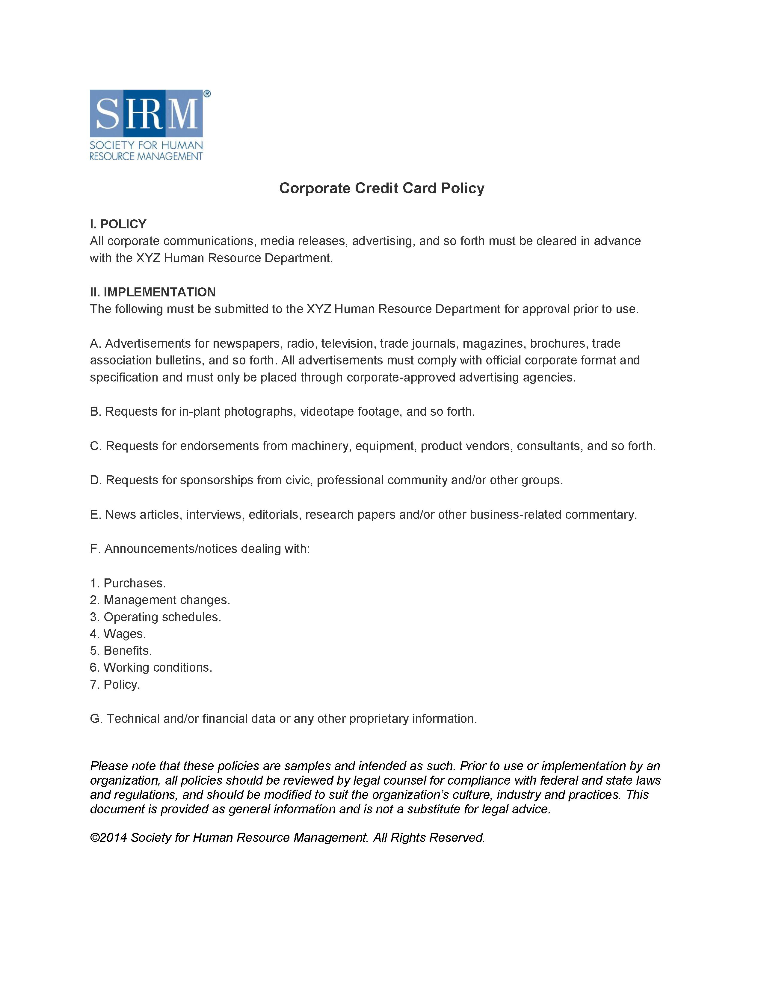Corporate Credit Card Policy | Alexander Street, A Proquest For Company Credit Card Policy Template