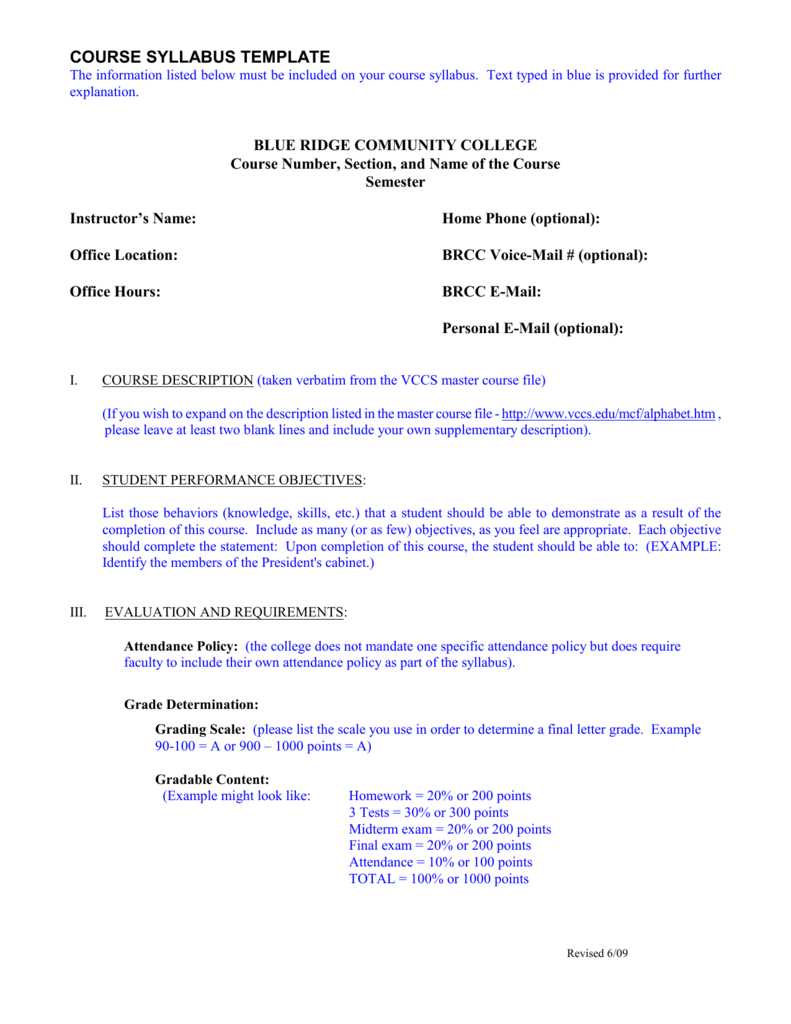 Course Syllabus Template - Blue Ridge Community College Pertaining To Blank Syllabus Template