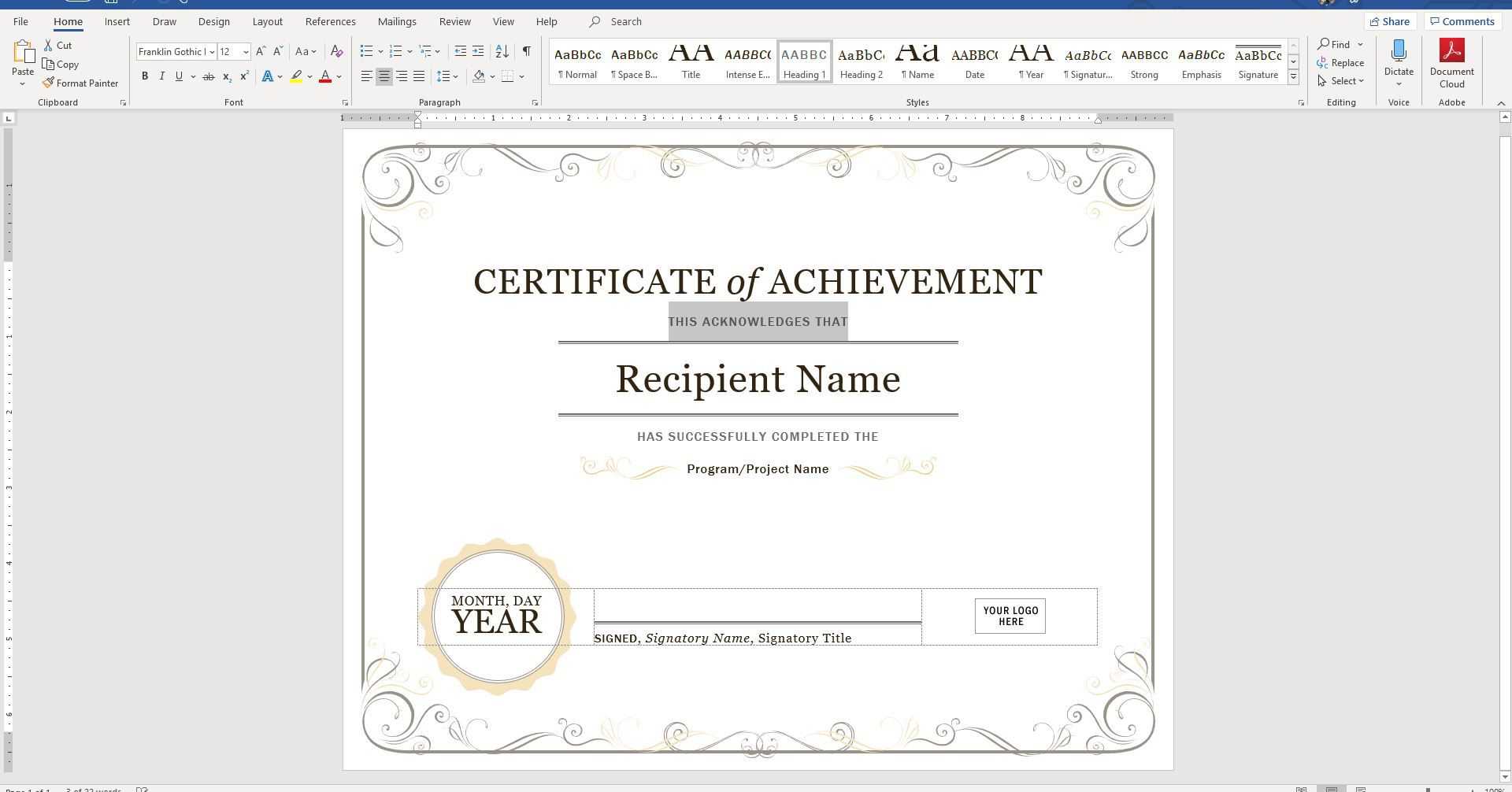 Create A Certificate Of Recognition In Microsoft Word For Officer Promotion Certificate Template