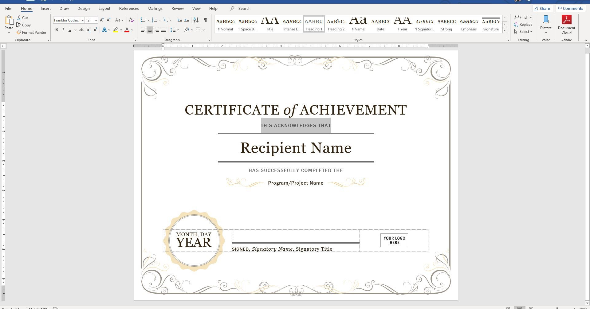 Create A Certificate Of Recognition In Microsoft Word Throughout Word 2013 Certificate Template