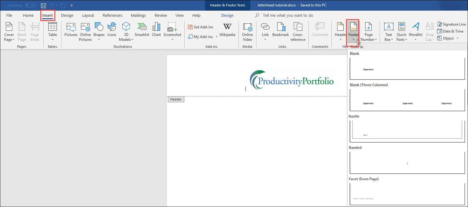 Create A Word Letterhead Template | Productivity Portfolio In Header Templates For Word