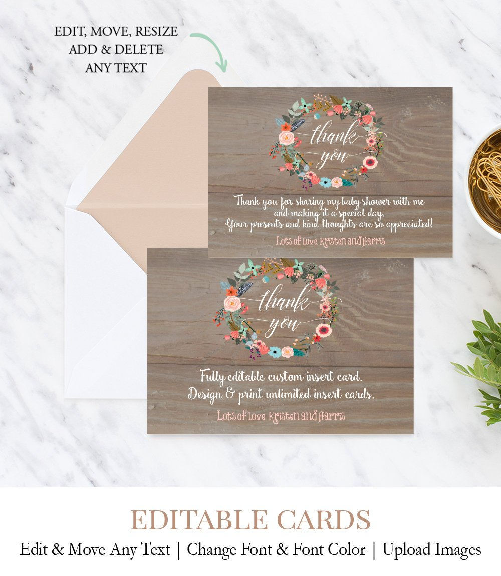 Create Unlimited Baby Shower Thank You Card, Floral Wreath Thank You Card  Template F1 Intended For Template For Baby Shower Thank You Cards