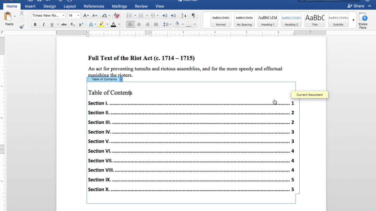 Creating A Table Of Contents In Word 2016 For Mac (See Note Below For  Headings Video Link) With Regard To Microsoft Word Table Of Contents Template